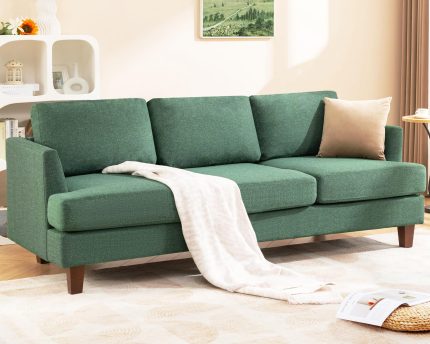 3 Seater Sofa Couch with Deep Seats, 89" Mid Century Modern Upholstered Sofa, Comfy Corduroy Sofas with Armrests, Couches for Living Room, Bedroom, Apartment and Office (Green)