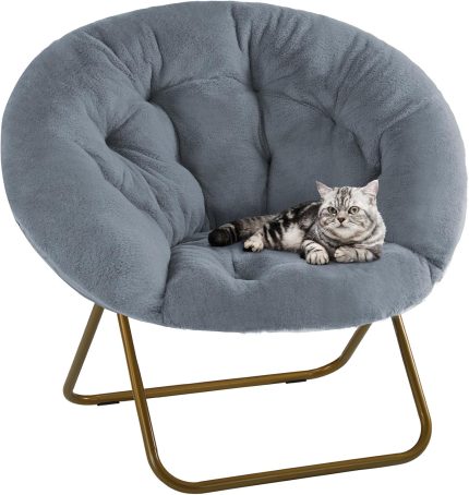 Comfy Saucer Chairs Cozy Faux Fur Soft Lounge Cute Folding Bedroom Living Room Seat Flexible Reading Foldable Seating for Kids Adults Thick Padded Metal Frame Modern for Home Office Grey